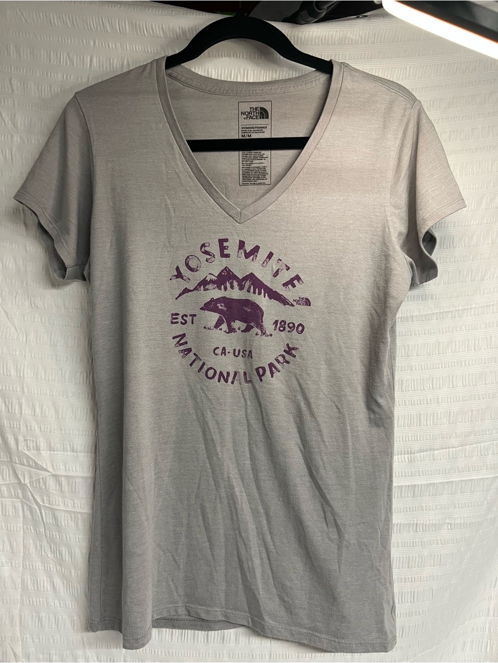 The North Face Women’s Yosemite V-Neck Tee - Light Gray with Purple Graphic